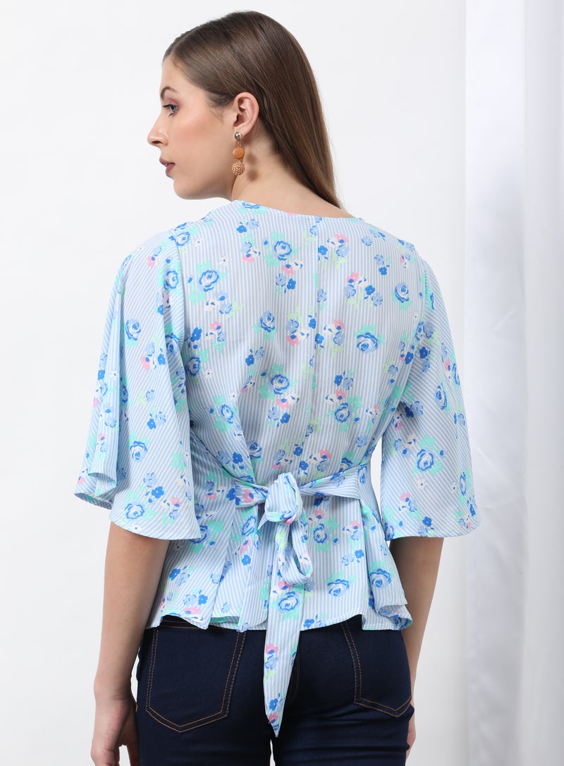 Aila Casual Mandarin Neck Printed Blouse Top Blue/White Aop - Image 2