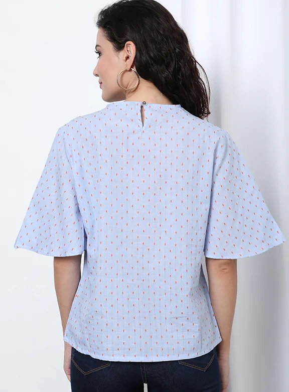 Aila Polka Dot Pattern Round Neck Blouse Top light blue