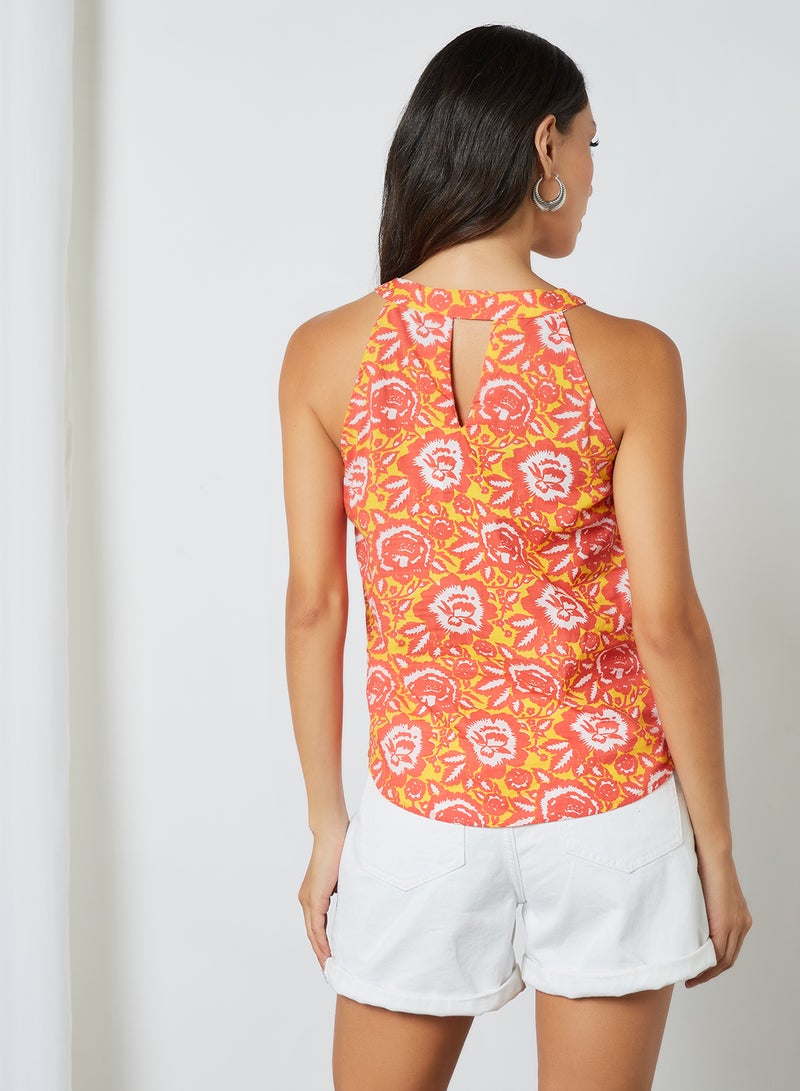Aila Halter Neck Floral Pattern Blouse Top Orange Multicolour  - Image 3