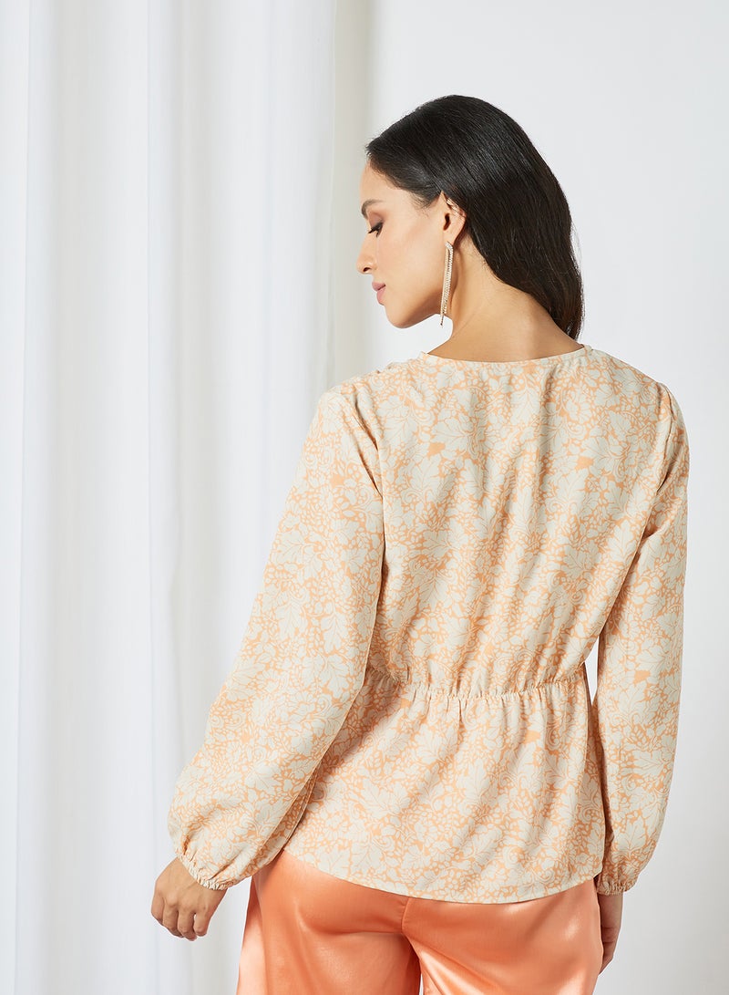 Aila V-Neck Long Sleeve Printed Blouse Top Beige - Image 3