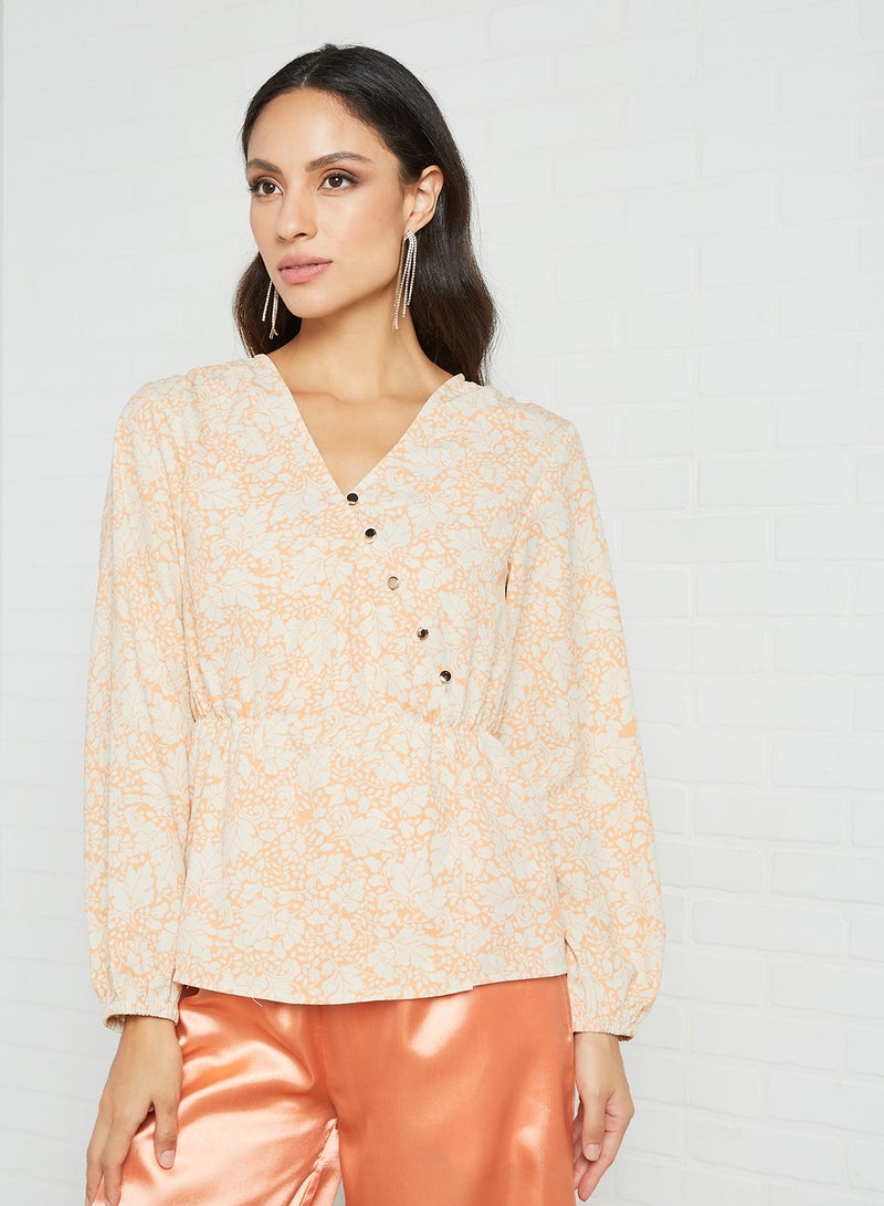 Aila V-Neck Long Sleeve Printed Blouse Top Beige - Image 1
