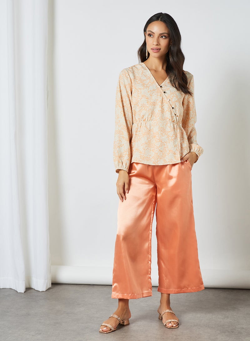 Aila V-Neck Long Sleeve Printed Blouse Top Beige - Image 2