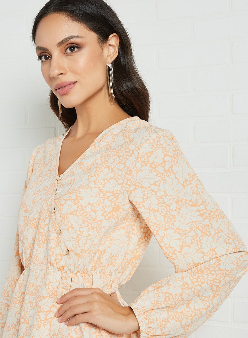 Aila V-Neck Long Sleeve Printed Blouse Top Beige - Image 4