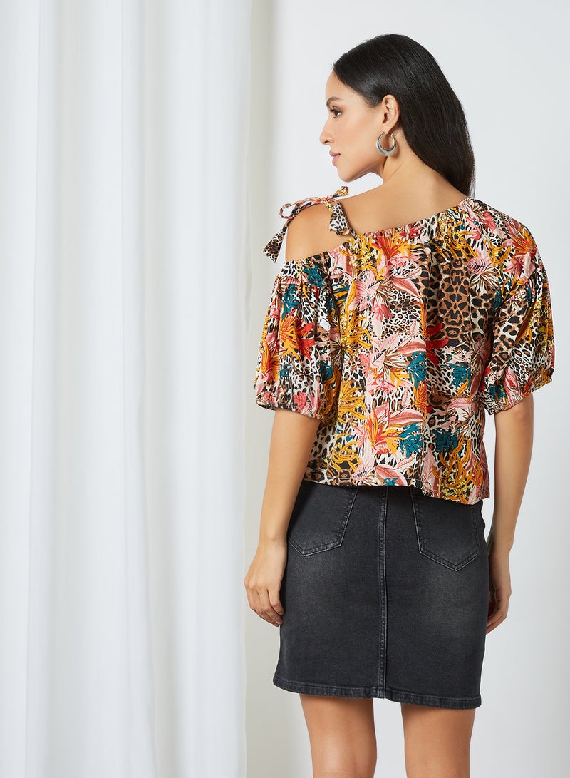 Aila One Shoulder Neck Printed Blouse Top White Multicolour  - Image 4