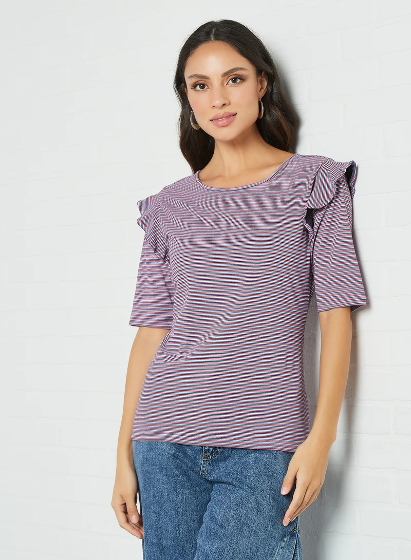 Aila Round Neck Striped Pattern Blouse Top