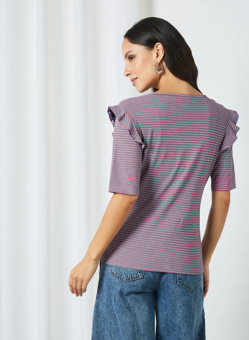 Aila Round Neck Striped Pattern Blouse Top Pink/Black
