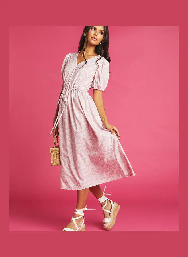 Closet By Styli Floral Print V-Neck Midi Dress Pink