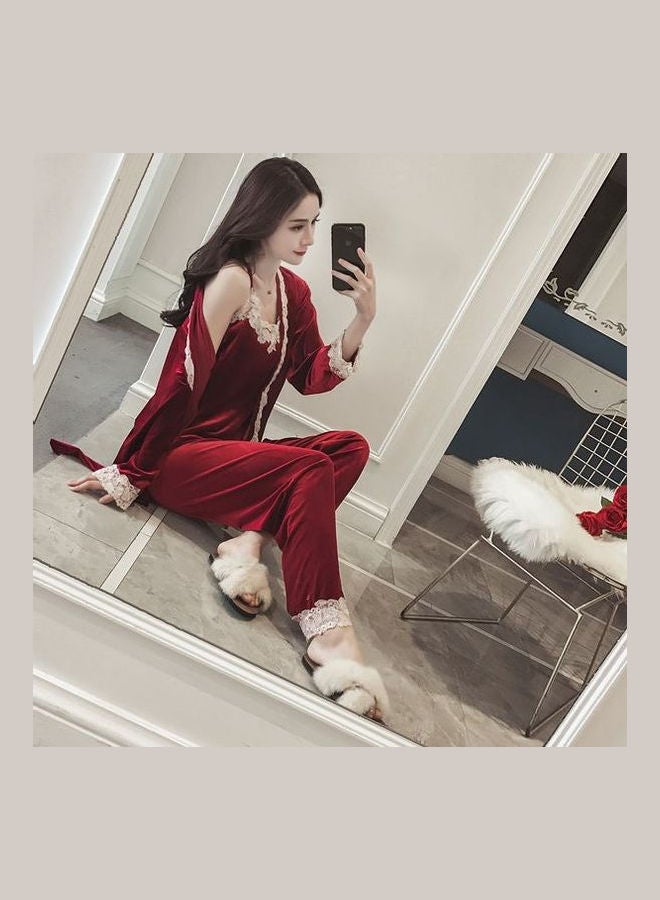 Lace Velvet Pajama Set Red - Image 2