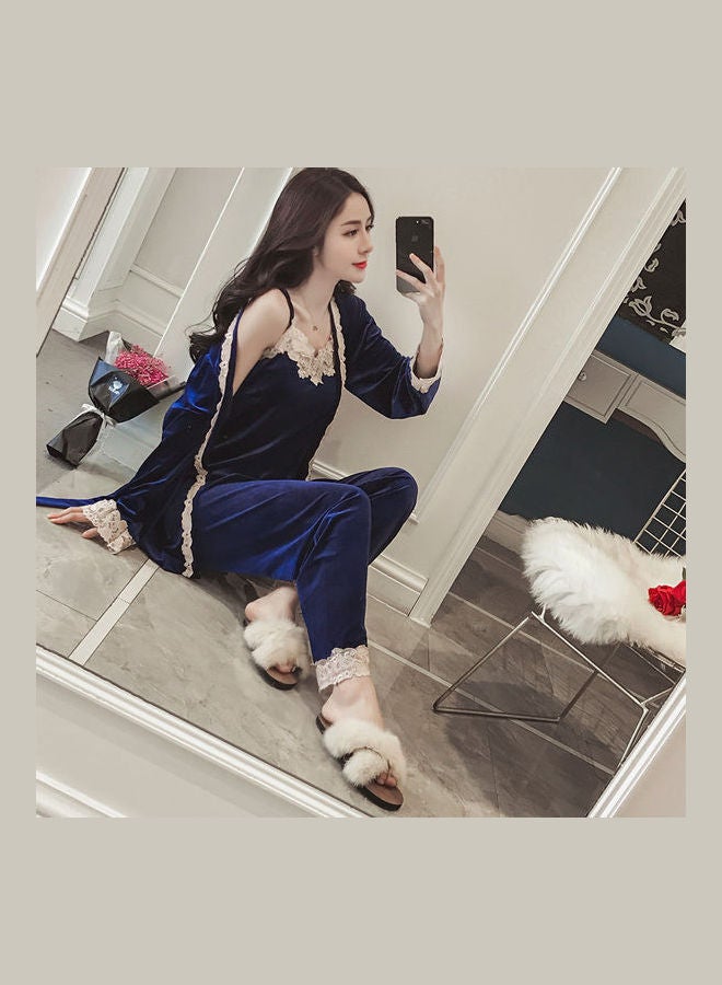 Women's Solid Color Ladylike Lace Velvet Pyjama Set Blue - Image 1