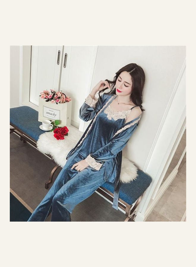 Women's Solid Color Ladylike Lace Velvet Pyjama Set Blue - Image 3