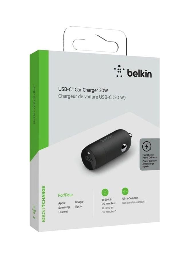 belkin - BoostCharge Car Charger Type C Fast Usb C 20W, Car Mobile Charger, Car Charger Fast Charging, Car Charger For Iphone 15, 14, 13, 12, Samsung Galaxy S24, S23, Google Pixel, Sony, Ipad And Tablets Black - Image 1