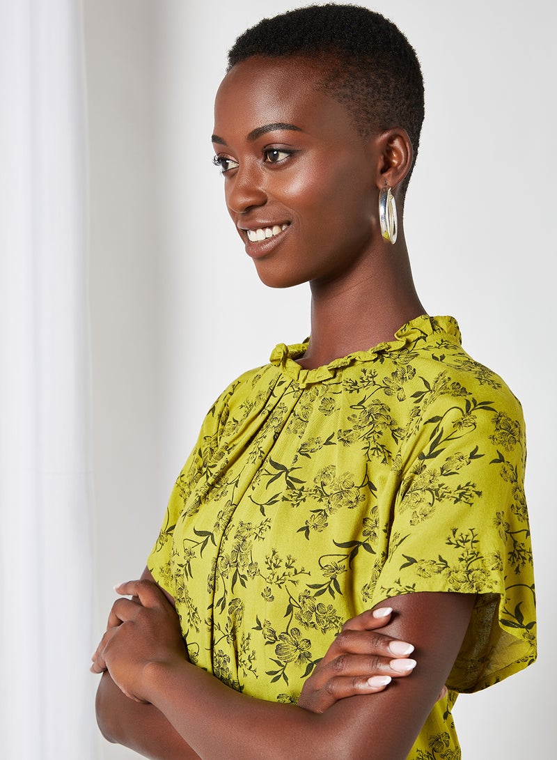 Aila - Turtle Neck Printed Blouse Top Green Floral - Image 1
