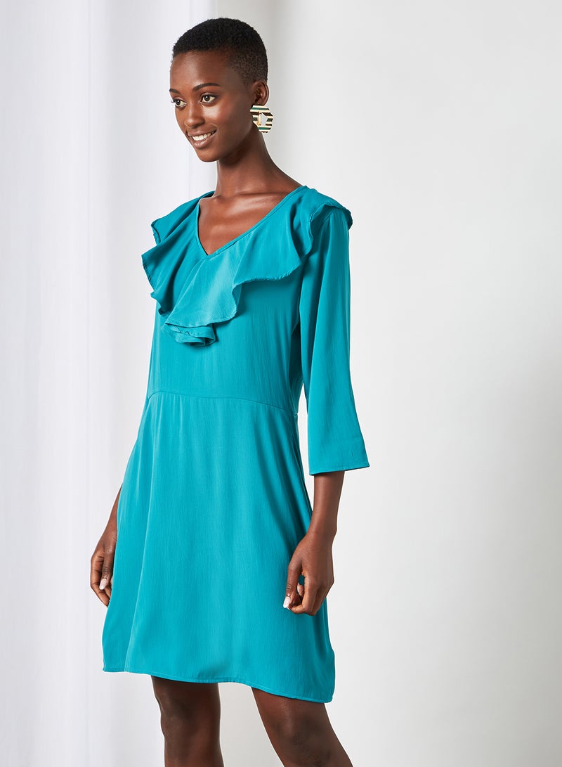 Aila Ruffle Detailed Plain Dress Teal  - Image 3