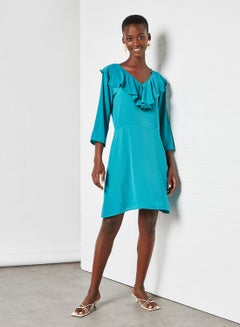 Aila Ruffle Detailed Plain Dress Teal  - Image 1