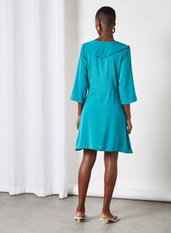 Aila Ruffle Detailed Plain Dress Teal  - Image 2