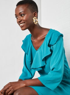 Aila Ruffle Detailed Plain Dress Teal  - Image 4