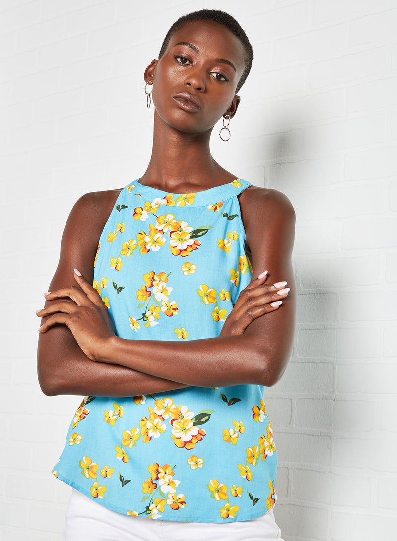Aila Halter Neck Floral Pattern Blouse Top Sky Blue  - Image 1