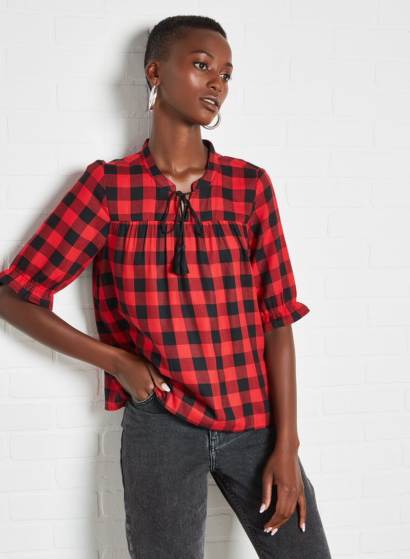 Aila Casual Checked Blouse Top Red  - Image 1