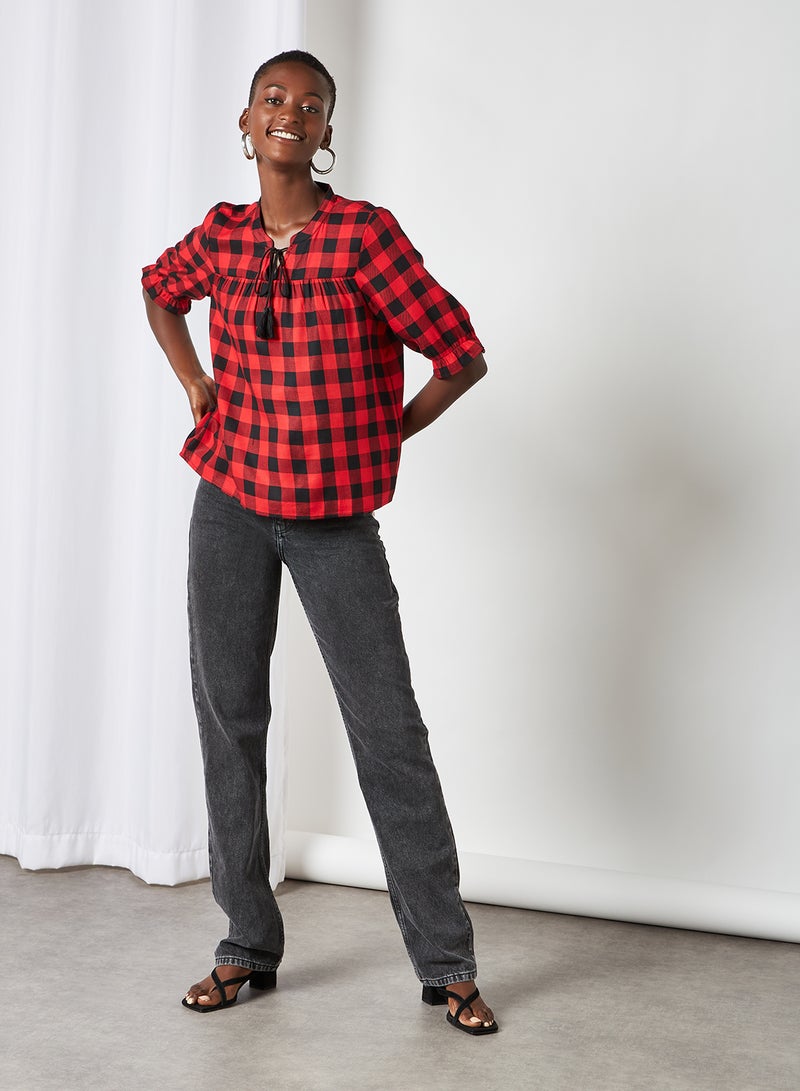 Aila Casual Checked Blouse Top Red  - Image 3