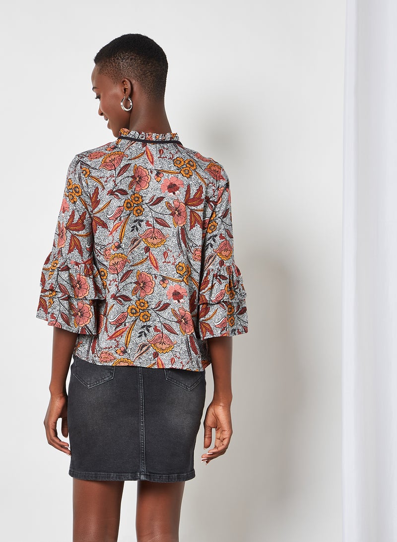 Aila Floral Keyhole Neck Blouse Top grey multicolor  - Image 2