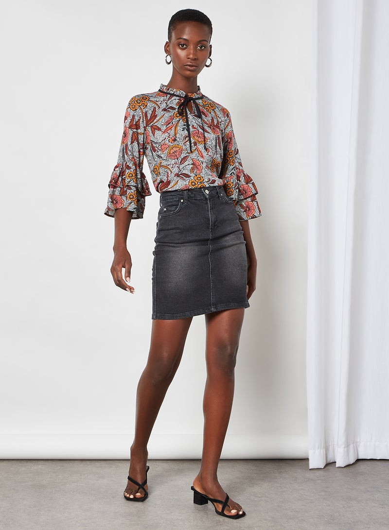 Aila Floral Keyhole Neck Blouse Top grey multicolor  - Image 3
