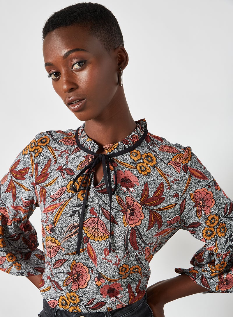 Aila Floral Keyhole Neck Blouse Top grey multicolor  - Image 4