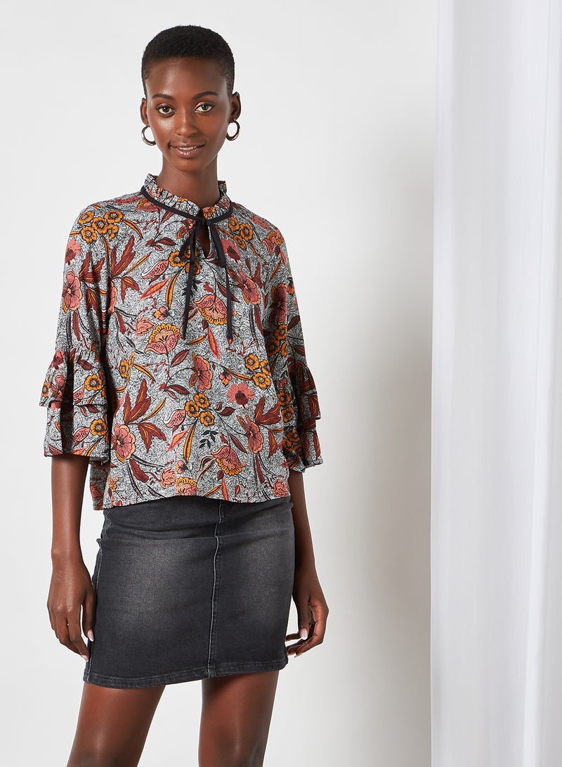 Aila Floral Keyhole Neck Blouse Top grey multicolor  - Image 1