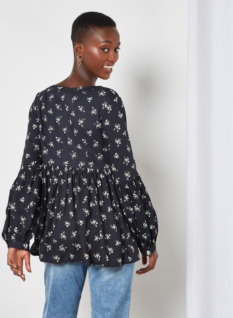 Aila Mandarin Neck Printed Blouse Top Black Aop - Image 2