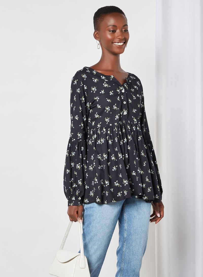 Aila Mandarin Neck Printed Blouse Top Black Aop - Image 1