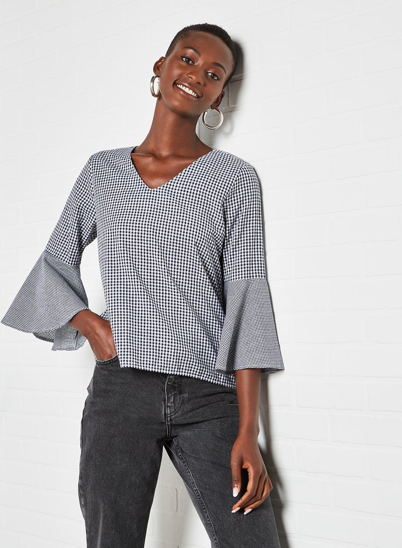 Aila V-Neck Flared Sleeve Printed Top AOP Black  - Image 1