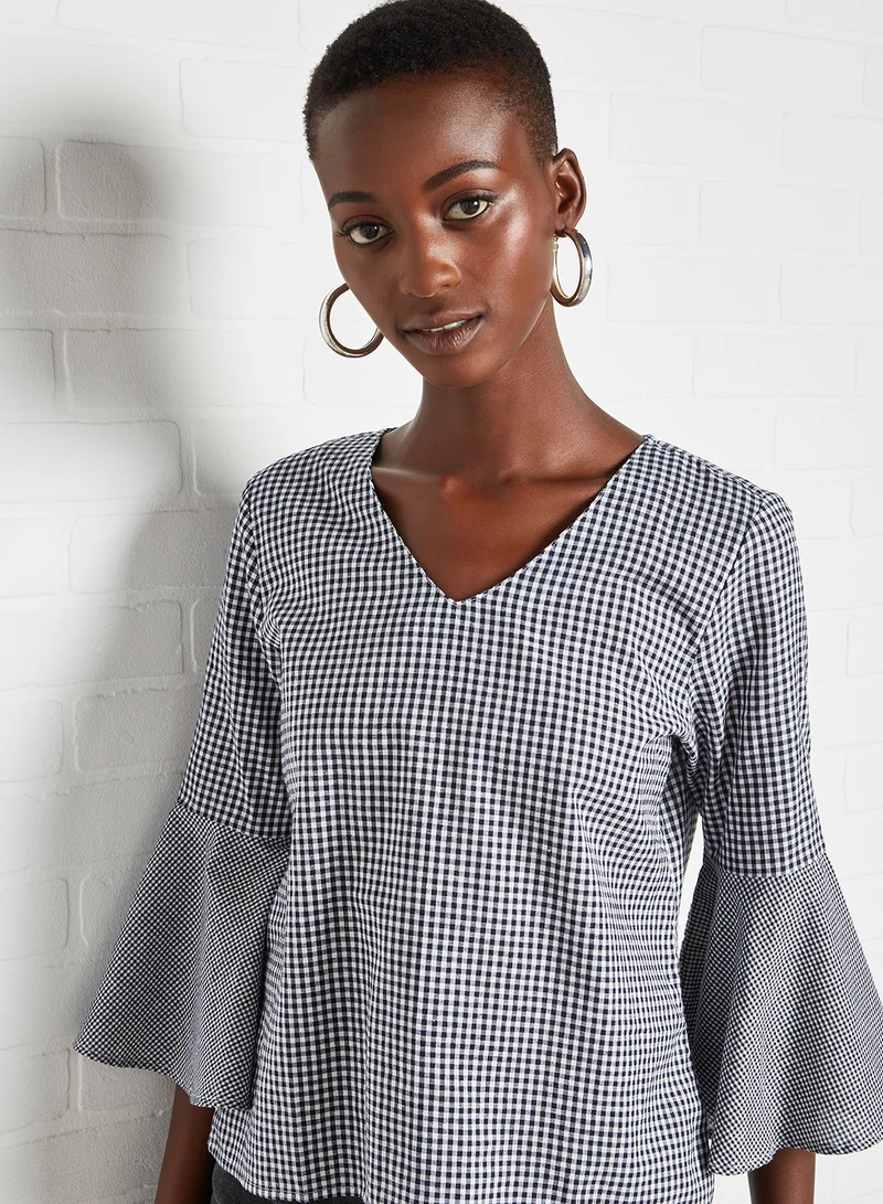 Aila V-Neck Flared Sleeve Printed Top AOP Black