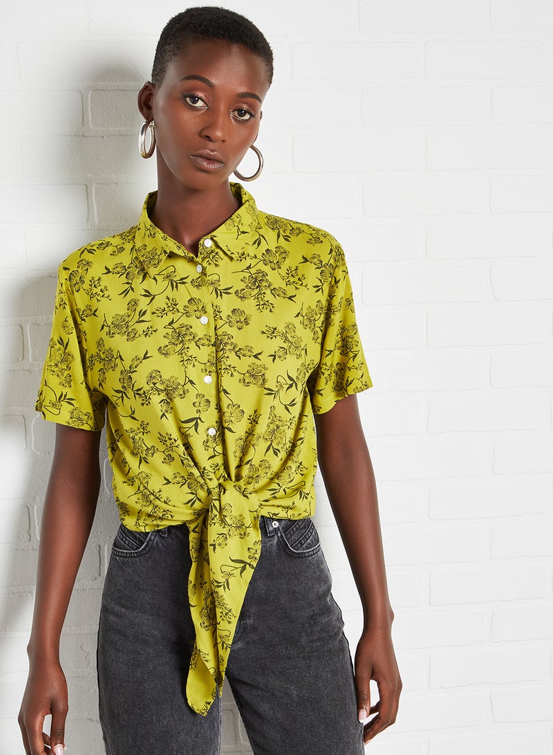 Aila Casual Short Sleeve Floral Knot Shirt Green Floral  - Image 1