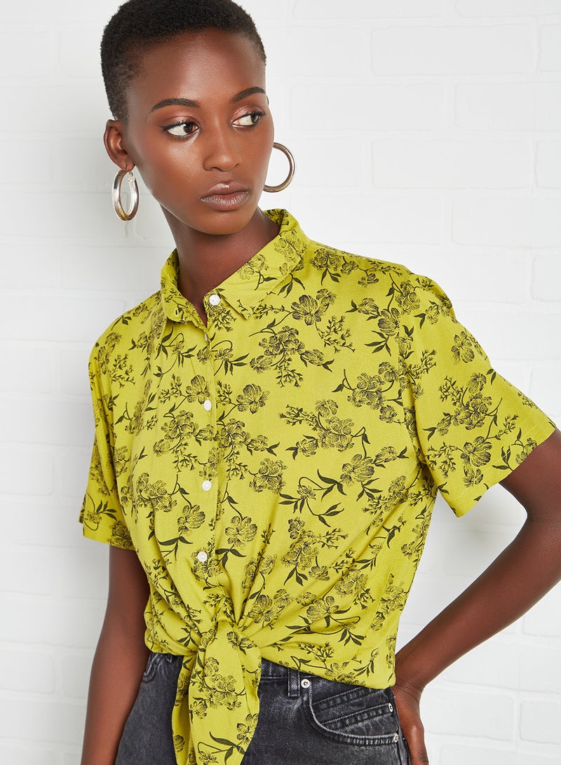 Aila Casual Short Sleeve Floral Knot Shirt Green Floral  - Image 4
