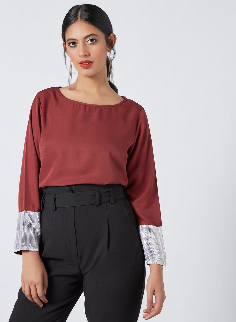 Aila Fashionable Plain Round Neck Blouse Burgundy Solid - Image 1
