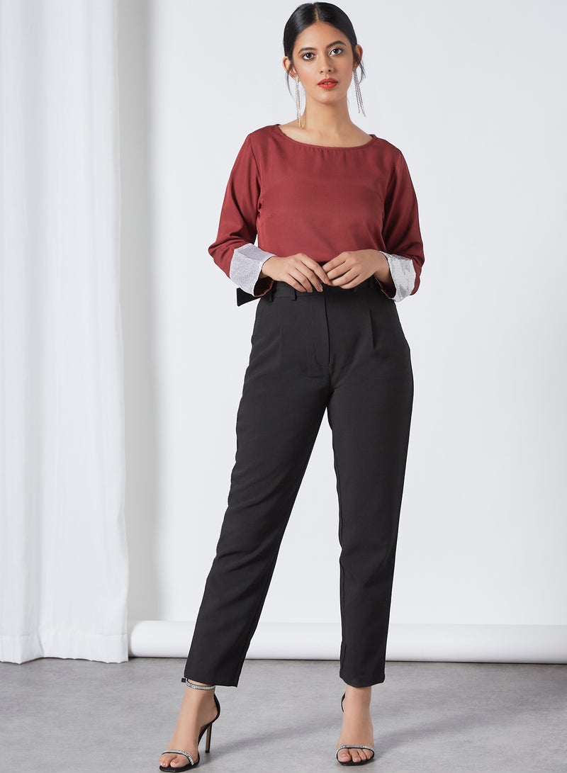 Aila Fashionable Plain Round Neck Blouse Burgundy Solid - Image 2