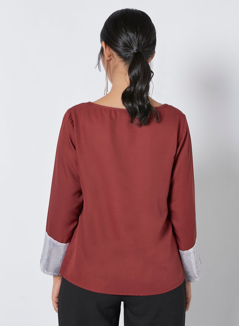 Aila Fashionable Plain Round Neck Blouse Burgundy Solid - Image 3