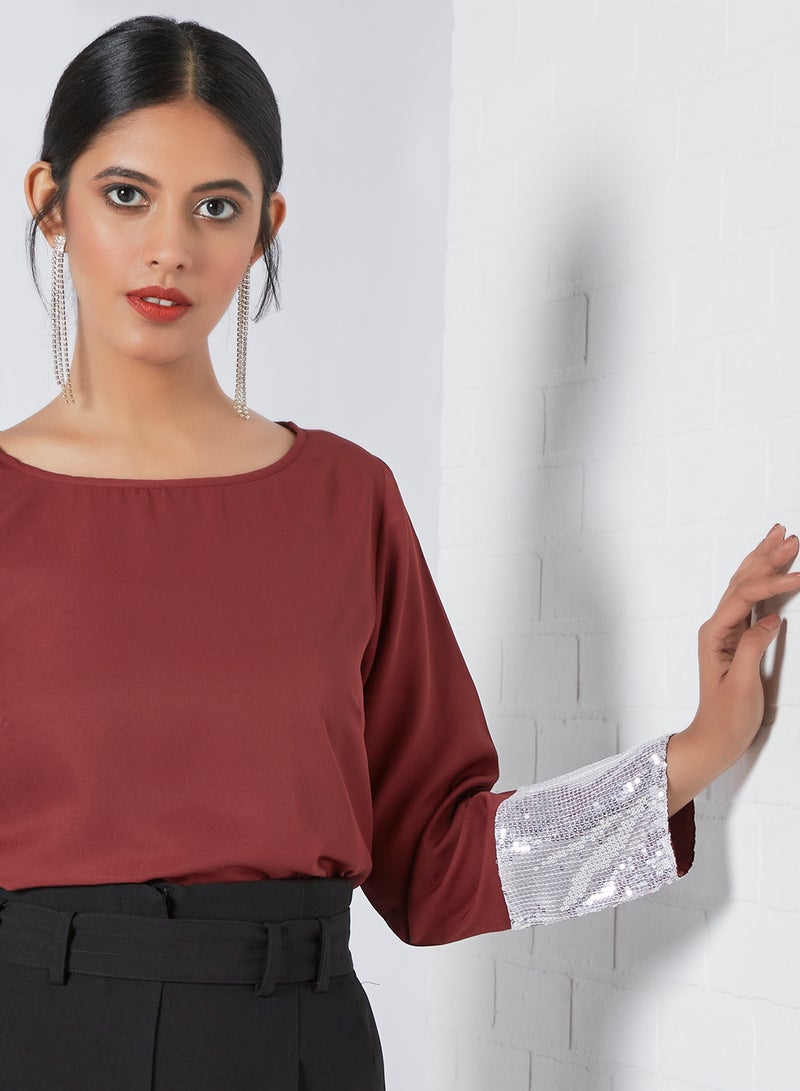 Aila Fashionable Plain Round Neck Blouse Burgundy Solid - Image 4