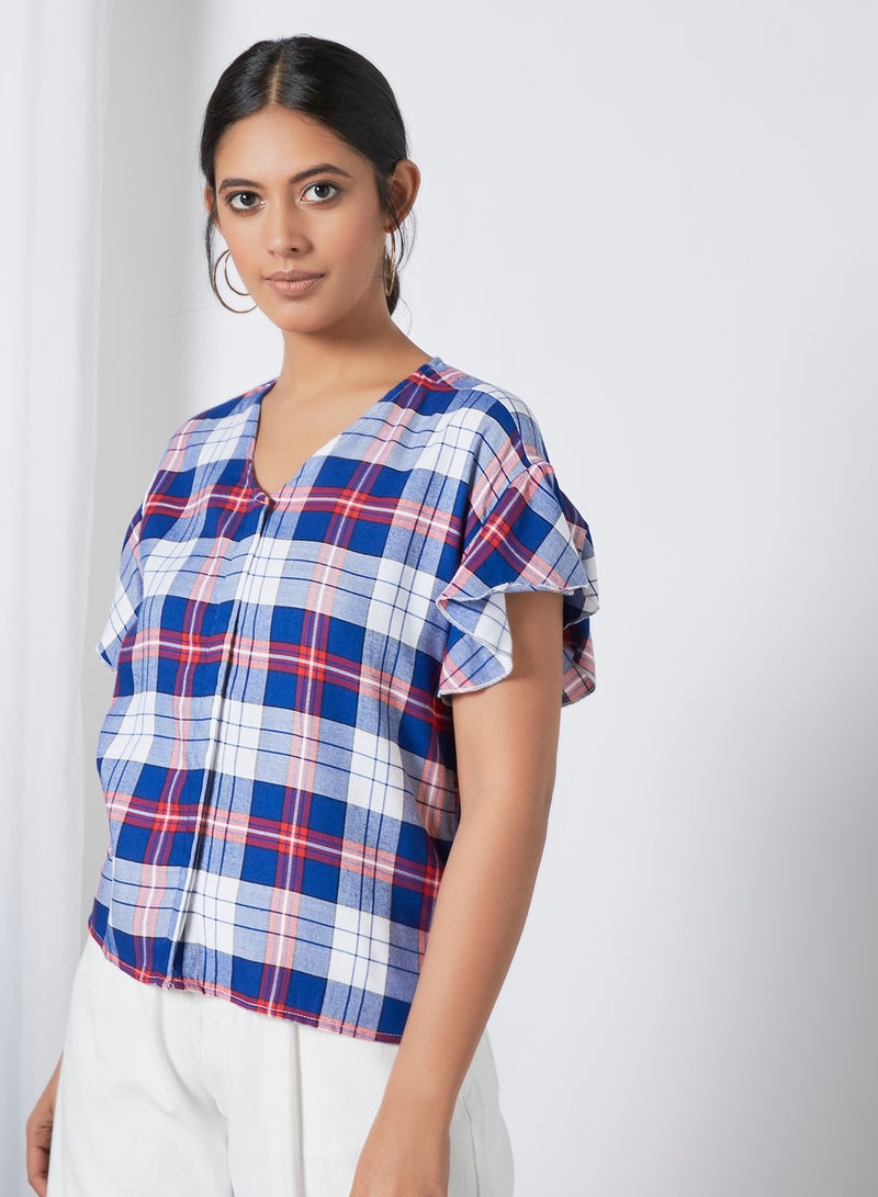 Aila Casual V-Neck Blouse Top Blue Multicolour  - Image 1