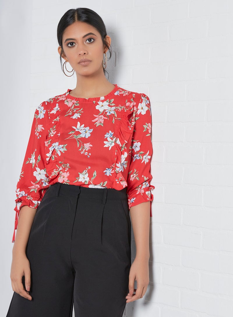 آيلا بلوزة كاجوال مطبوعة بفتحة رقبة مستديرة أحمر مطبوع بالكامل . - Image 1