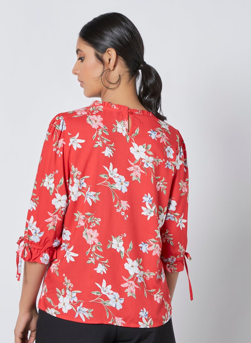 آيلا بلوزة كاجوال مطبوعة بفتحة رقبة مستديرة أحمر مطبوع بالكامل . - Image 3