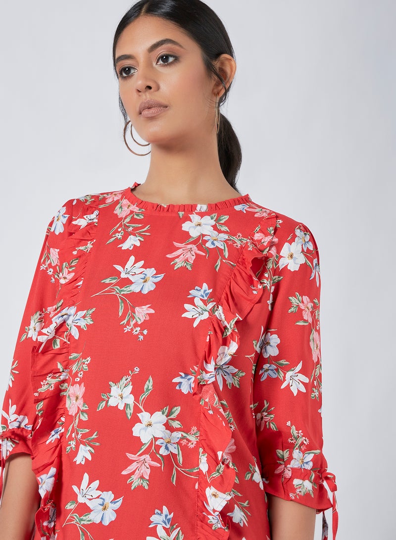 آيلا بلوزة كاجوال مطبوعة بفتحة رقبة مستديرة أحمر مطبوع بالكامل . - Image 4