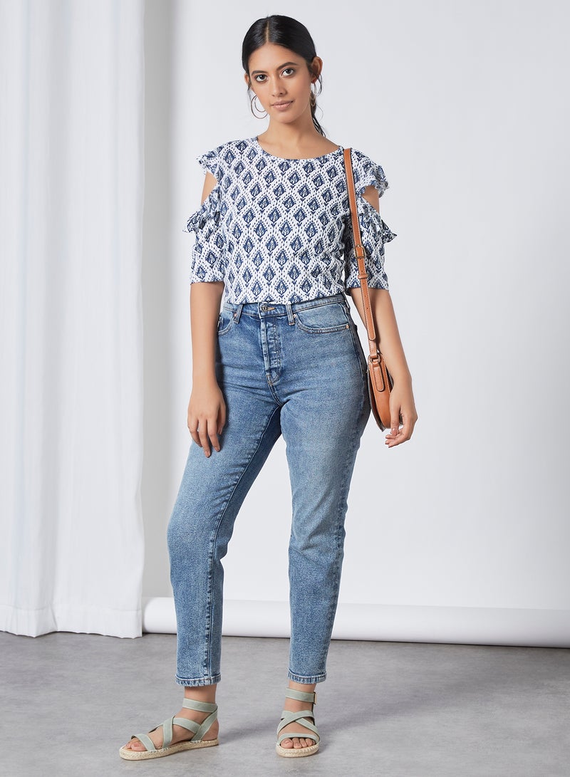 Aila Round Neck Cold Shoulder Printed Blouse Top Blue/White - Image 4