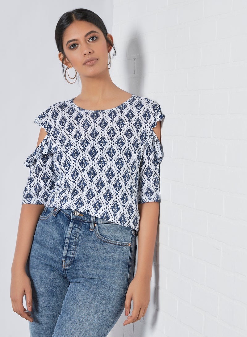 Aila Round Neck Cold Shoulder Printed Blouse Top Blue/White - Image 1