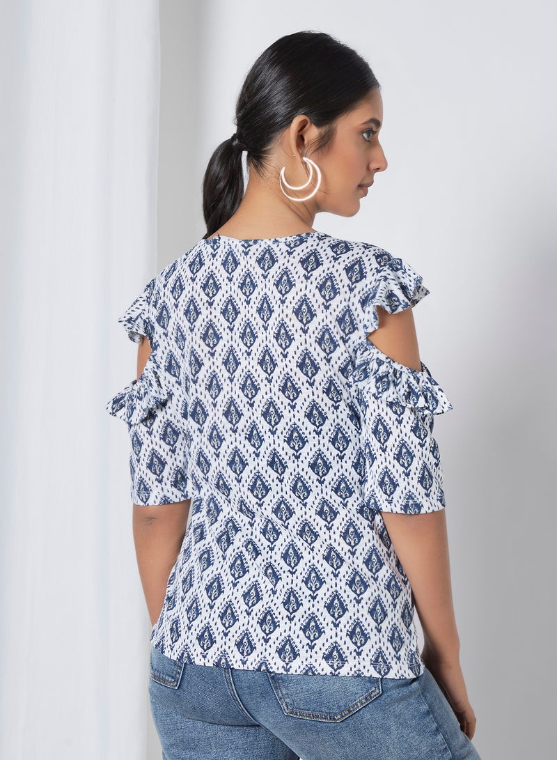 Aila Round Neck Cold Shoulder Printed Blouse Top Blue/White - Image 2