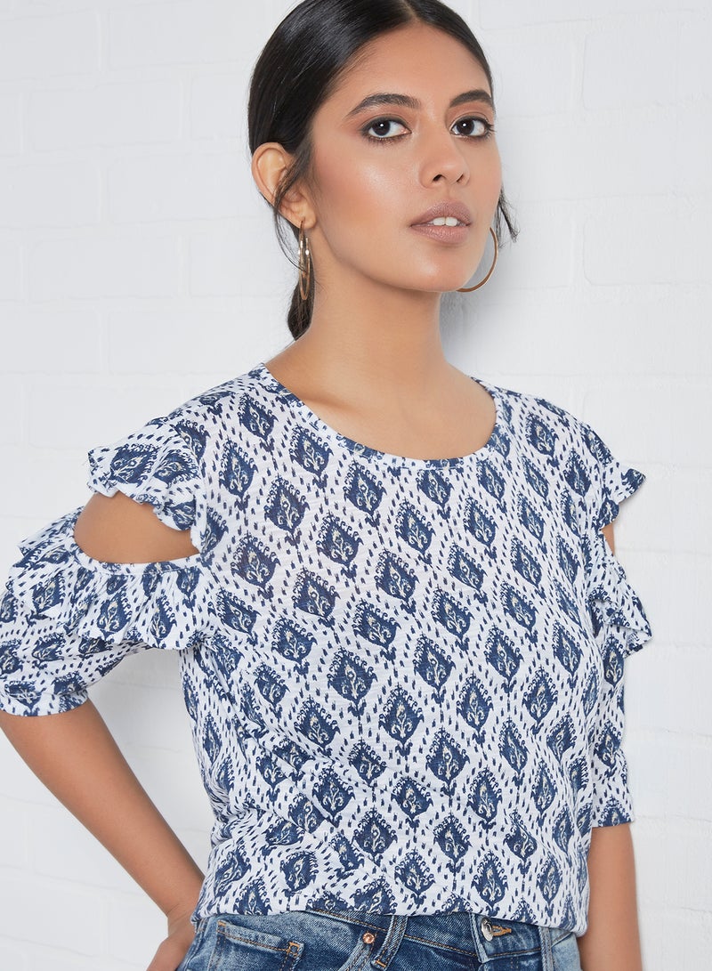 Aila Round Neck Cold Shoulder Printed Blouse Top Blue/White - Image 3