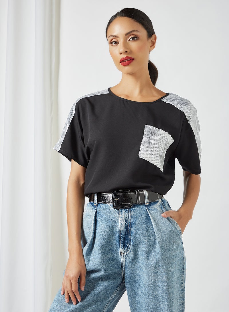 Aila Round Neck Front Pocket Design T-Shirt Black  - Image 1