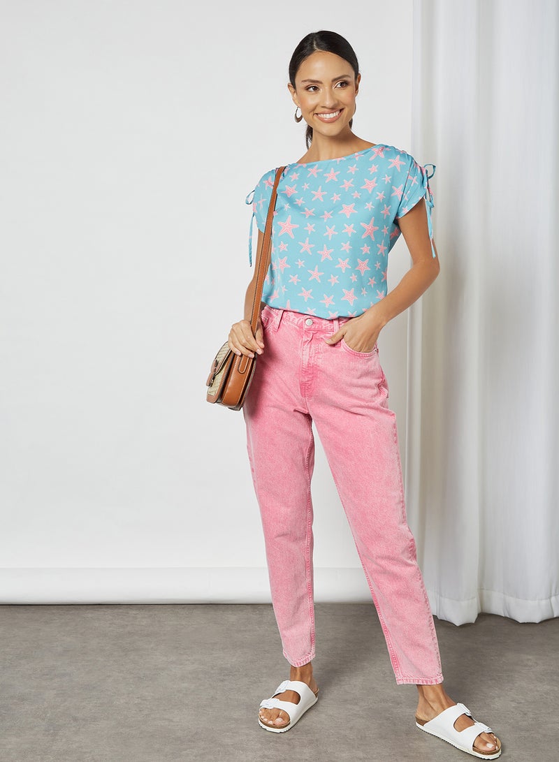 Aila Round Neck Printed Blouse Top Sky Blue - Image 4