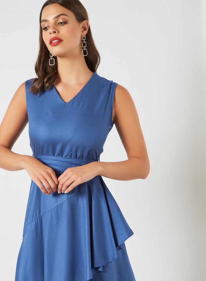 V-Neck Ruffled Dress Blue - v1621106720/N45701720V_3