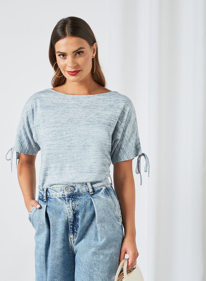 DRIP Drawstring Printed Regular Fit Boat Neck Short Sleeve Top Grey  - Image 1
