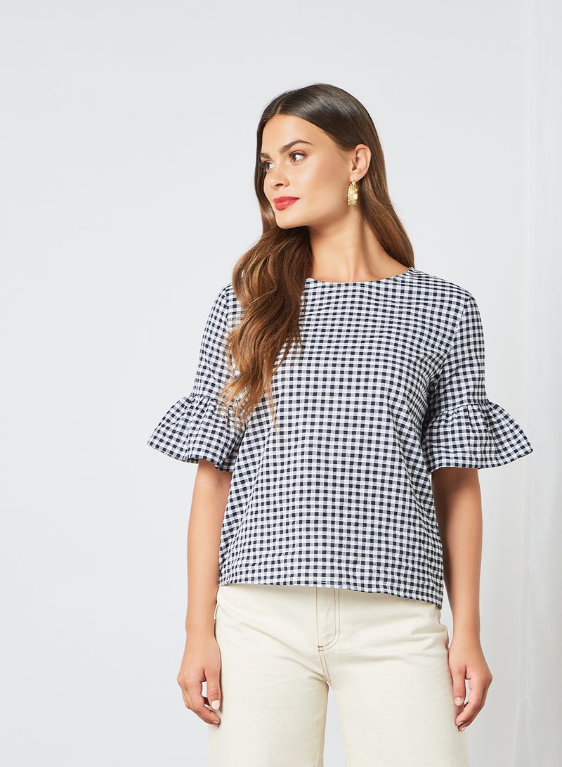 DRIP Checkered Pattern Slim Fit Round Neck Frill Sleeve Top Black/White - Image 1